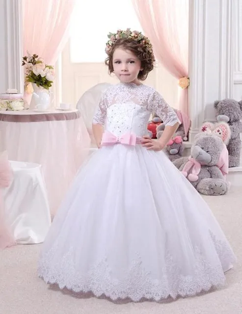 Cheap 3/4 Sleeve  Flower Girls Dresses For Wedding Gowns Ankle-Length Girls Pageant Dresses Lace Flower Girl Dresses