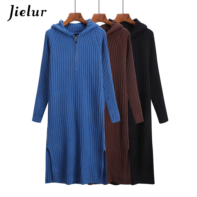Jielur/платье-свитер однотонное Повседневное трикотажное платье на молнии с
