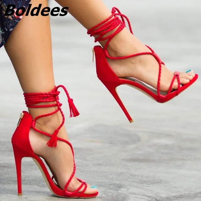 Lace Thin Heel Sandals Sexy Pu Leather 