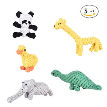

5PCS Animal Teeth Cleaning Grinding Cotton Ropes Dog Toys Bite Toy Giraffe + Panda + Duck + Elephant + Dinosaur Dogs Toy