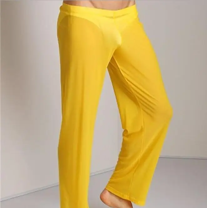 Сексуальные прозрачные длинные штаны, мужские свободные сетчатые свободные облегающие штаны для фитнеса, пижамные брюки, штаны для сна, Гей Нижнее белье, нижнее белье - Цвет: yellow