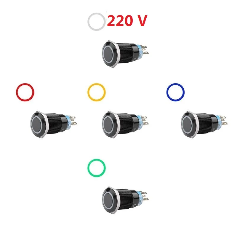 

19mm 220V LED ON/OFF Short Section Black Waterproof Self-locking Momentary Latch Push Button Flate Switch Car Switch