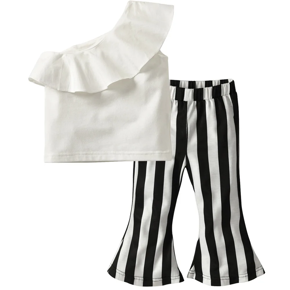 

2019 New Kid Girls Clothes Set Girls White Ruffles Off Shoulder Tops+Long Striped Pants Children Fashion Summer Clothes