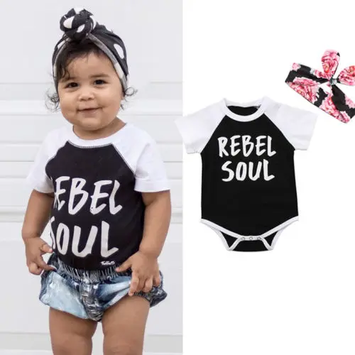 

Newborn Baby Kid Girls Letters Bodysuit Heaband 2pcs Outfit Babies Jumpsuit Clothes Sunsuit+Headband Clothes
