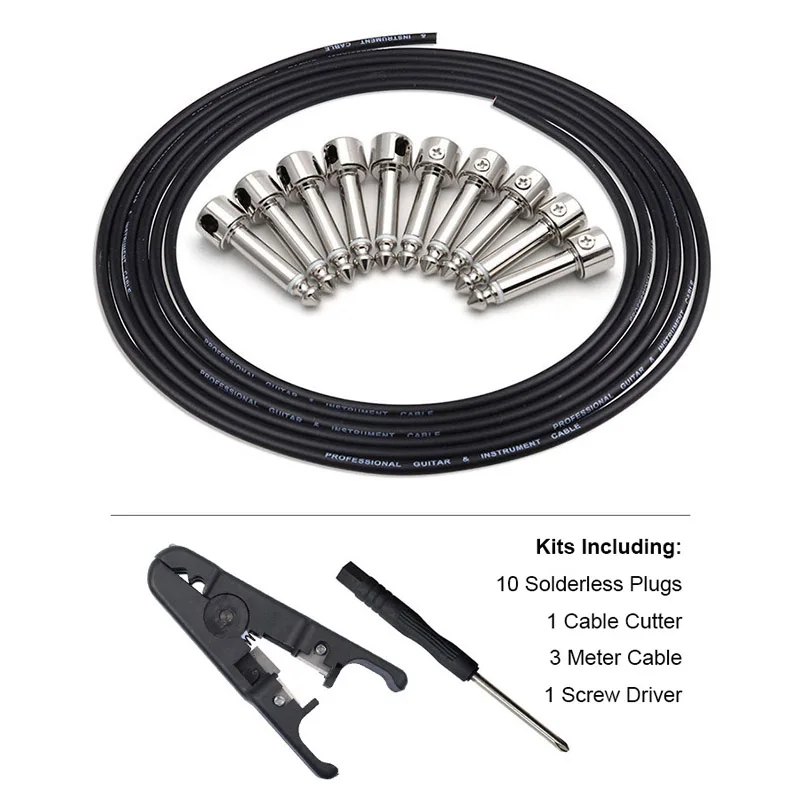 ALLMusic Solderless Connections Design Guitar Cable DIY Guitar Pedal Patch Cable kit 10 Solderless Chrome Cap Plug 3M Cable