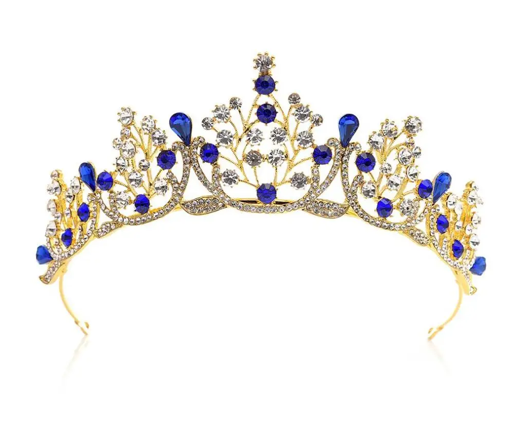 Свадебные роскошный синий кристалл диадемы для Для женщин элегантные свадебные хрустальные короны king свадебные аксессуары для волос ювелирные изделия - Окраска металла: gold blue