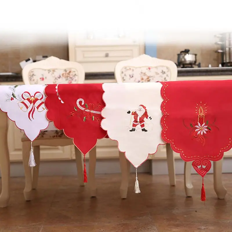 

Christmas Table Runner Embroidered Floral Lace Dust Proof Covers for Christmas Table Xmas Ornament for Home Natal Navidad Decor