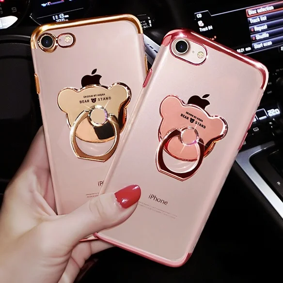 Casestory Luxury Electroplating Bear Matel Ring Holder Transparent Back TPU Case Cover | Мобильные телефоны и аксессуары