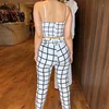 Women Two Piece Sets Summer Short Sleeveless Grid Plunge V-neck Wrapped Plaid Cami Top High Waist Bodycon Ankle-length Pants ► Photo 3/6