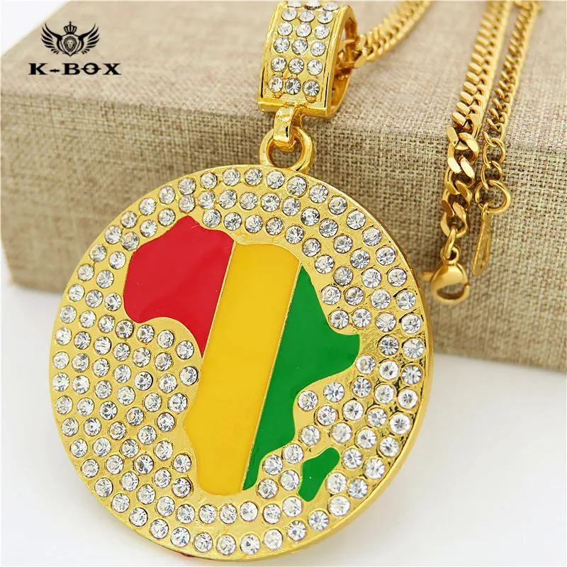 New Iced Out Gold Jamaican Africa Map Continent African Round Pendant