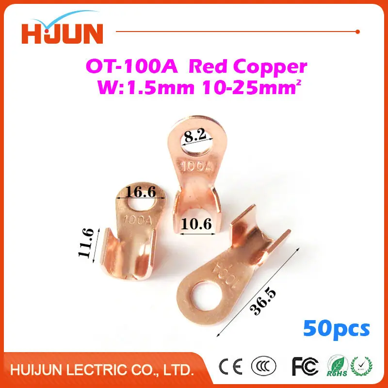 

50pcs/lot OT-100A 8.2mm Dia Red Copper Circular Splice Crimp Terminal Wire Naked Connector for 10-25 Square Cable