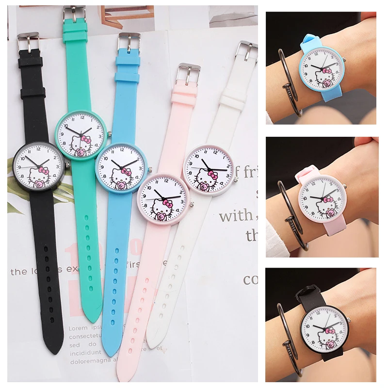 

New Silicone Colorful Girls Watch Children Students Clock Fashion Child Bracelet Watch Cute Pink Cat Pattern Quartz Kids Watches