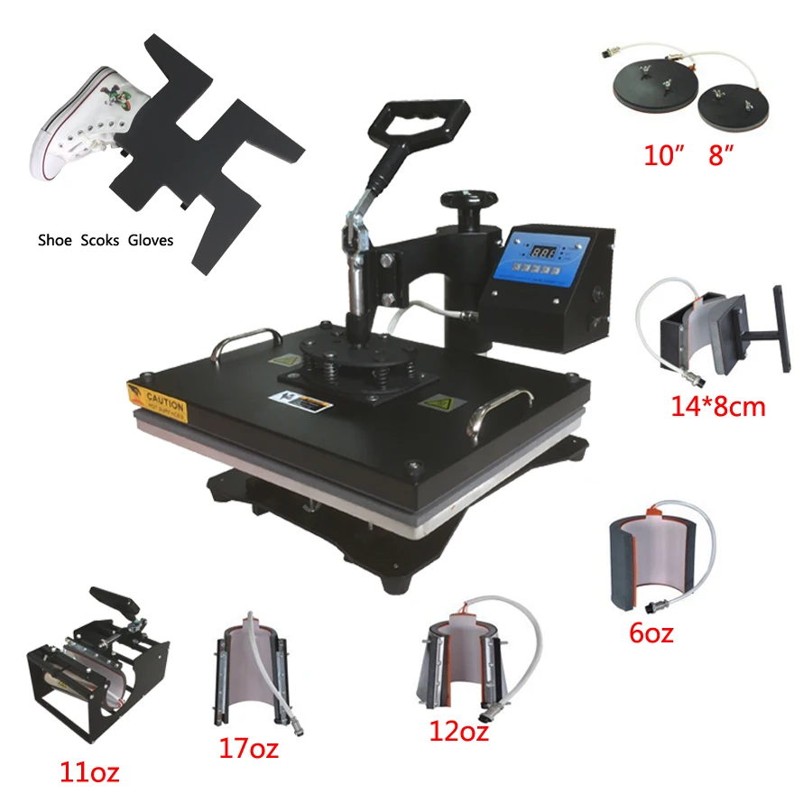 Многофункциональный цифровой 9 в 1 термопресс машина для печати футболка/кружка/чашка/пластина/шляпа/Плоская/обувь/носок/перчатка термопресс машина