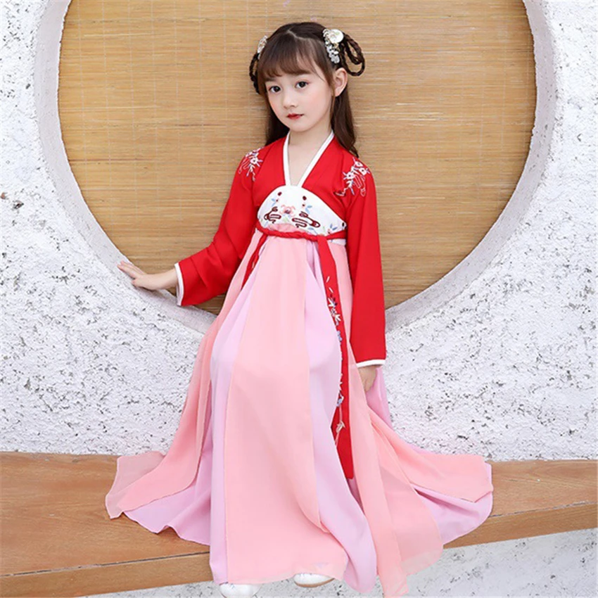 110-160cm Hanfu News Children Chinese Style Kids Ancient Costume Cosplay Fairy Girl Folk Dress Vintage Party Dance New Year