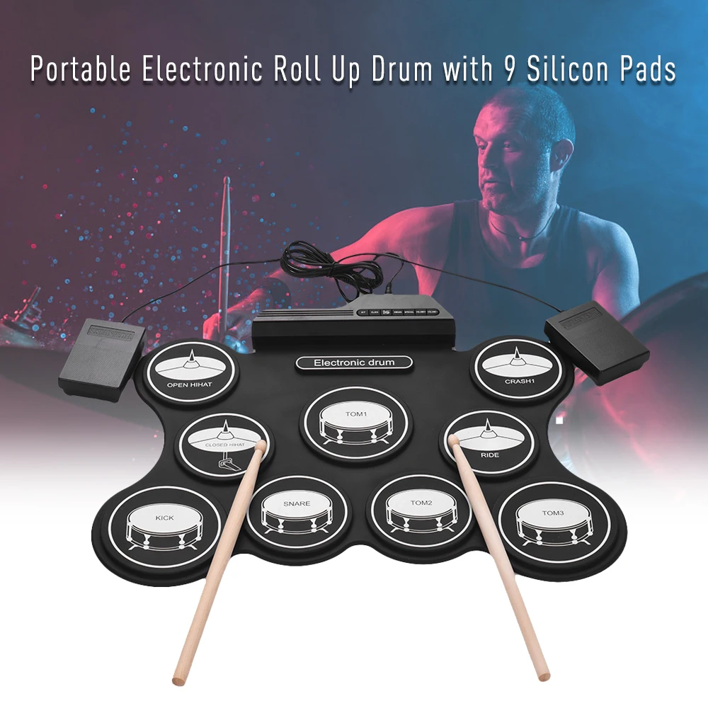 Digital Electronic Drum Set Portable USB Foldable Drum Kit 9 Silicon Pads with Drumsticks Foot Pedals for Beginner Children