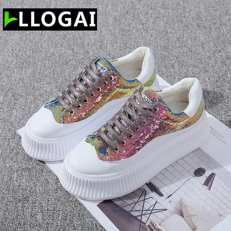 

Lace-up Shallow Mouth Platform Shoes Outdoor Sequined Sneakers Women Casual Women Shoes Flats Round Shoes Spring Shoes Woman New