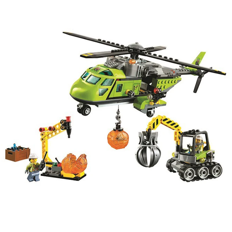 Bela 10640 Legoings City Volcano Explorers Volcano Supply Helicopter Building Kit Block Bricks Compatible 60123 Toys Gift