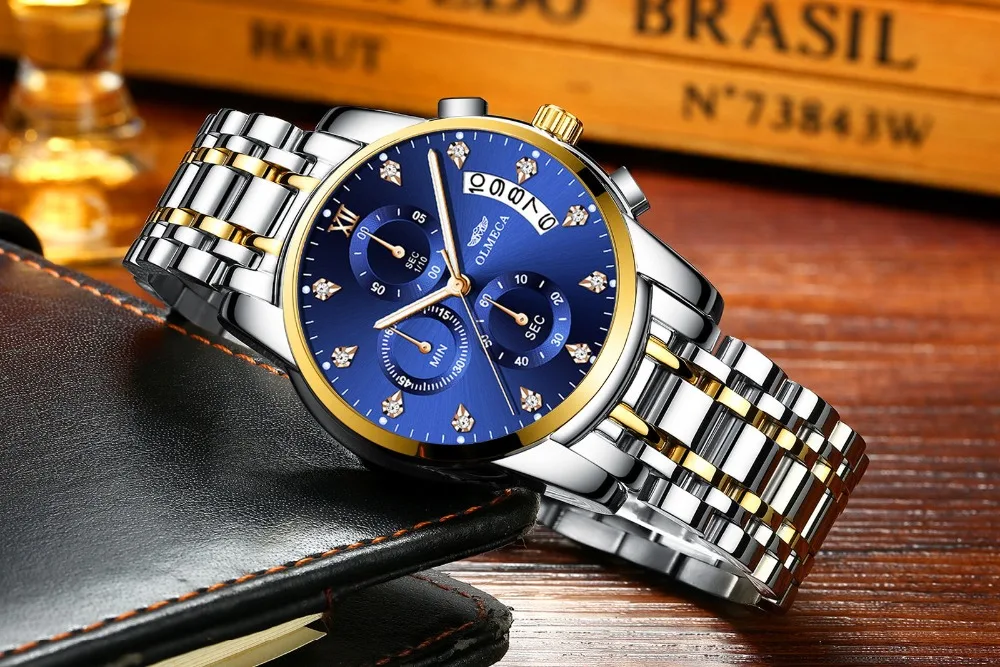 OLMECA роскошные часы для мужчин модные повседневное Шарм световой Спорт relogio masculino водостойкий 30 м Золото Синий нержавеющая сталь