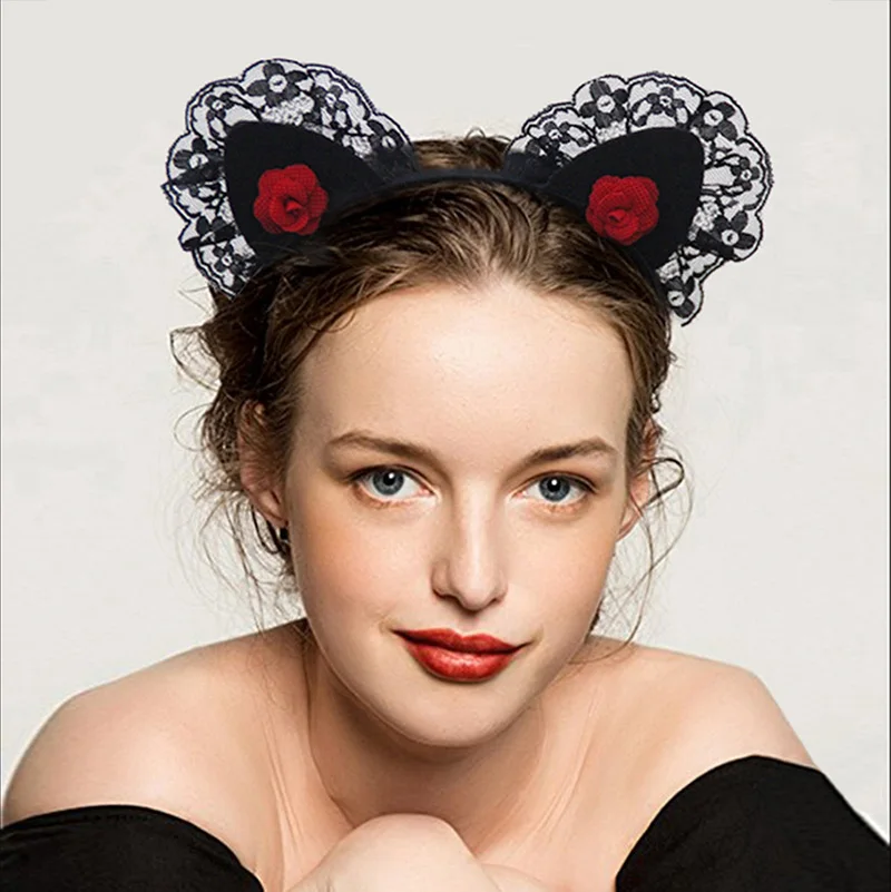 Candygirl 1 шт. Новый стильный черный кружевной ободок для волос с кошачьими ушками