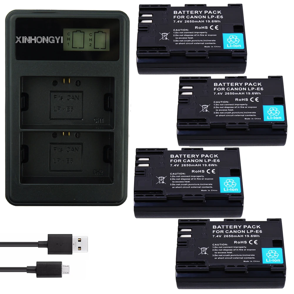 

4Pcs LPE6 LP-E6 Battery LP E6 E6N + LCD USB Dual Charger for Canon EOS 60D 70D 5D Mark II 5D Mark III,5D Mark IV digital camera