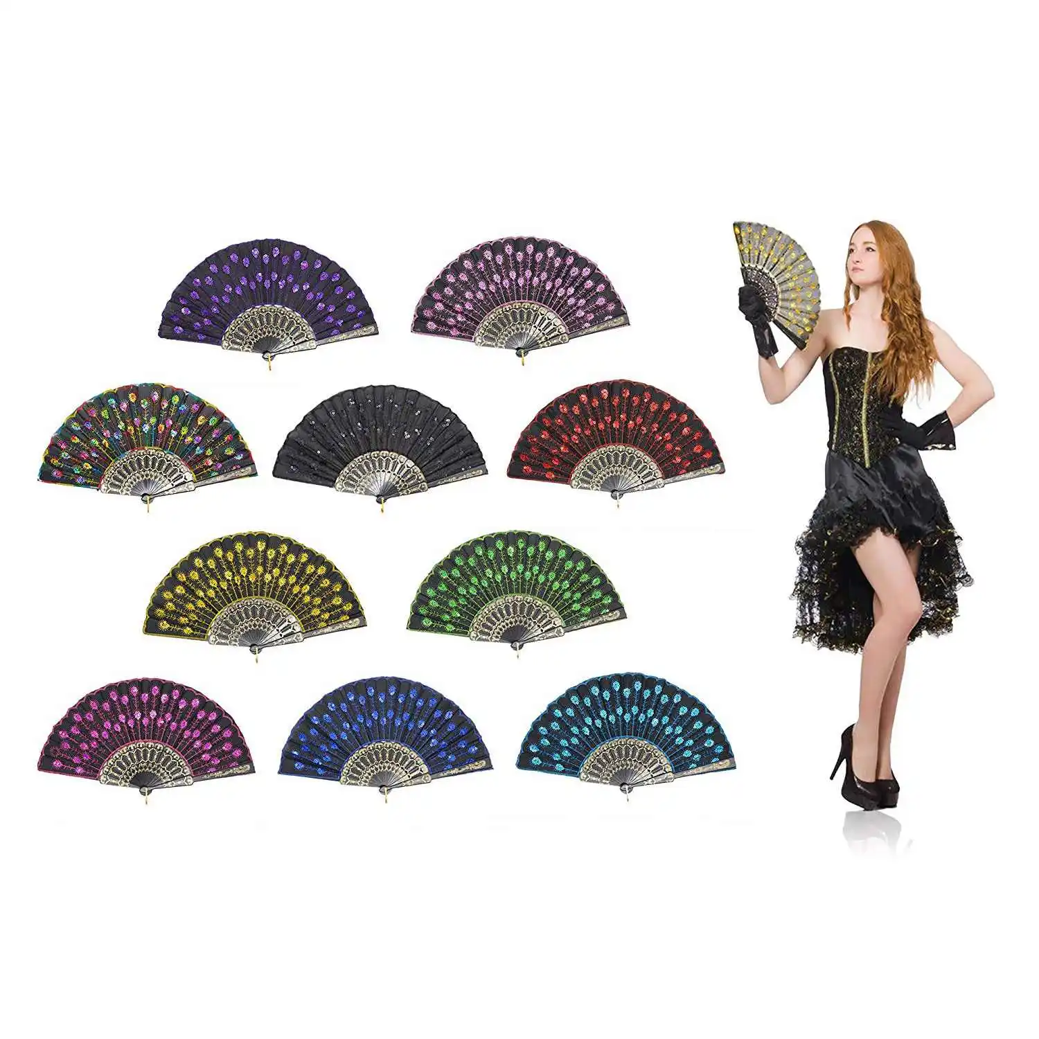 

GVCD Peacock Folding Hand Held Fans Bulk For Women - Spanish/Chinese/Japanese Vintage Retro Fabric Fans For Wedding,Church,Par