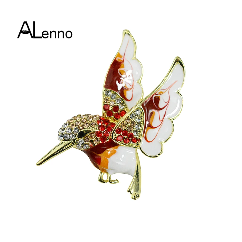 

ALenno Cute Red Pattern Rhinestone Alloy Magpie Bird Brooch Women's Girl Banquet Swallow Collar Pin Enamel Jewelry Broach Spille