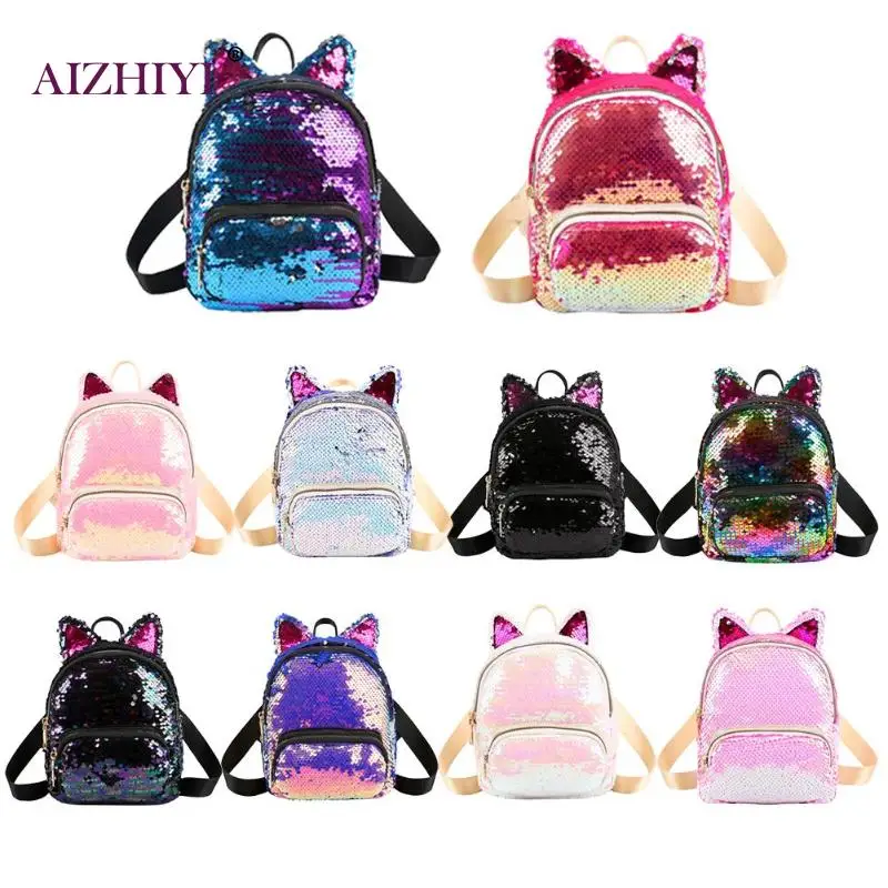 

Cute Sequins Cat Ear Travel Backpacks Women Casual Shoulder School Bags Preppy Style Small Knapsack Rucksack