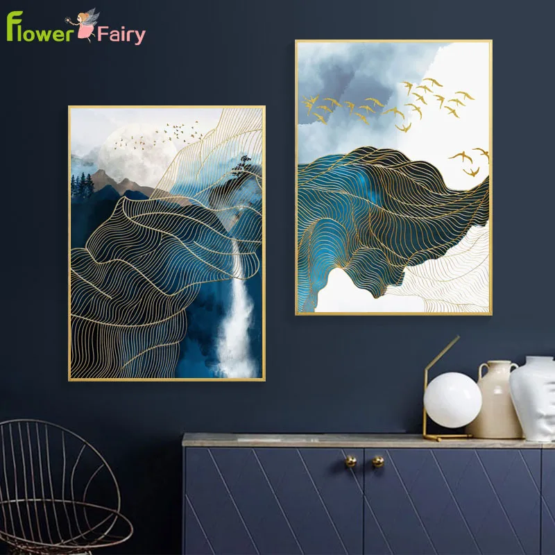 Blue Mountain Abstract Geometric Line Nordic Poster Posters And Prints Wall Art Canvas Painting Picture Home Decor Unframed