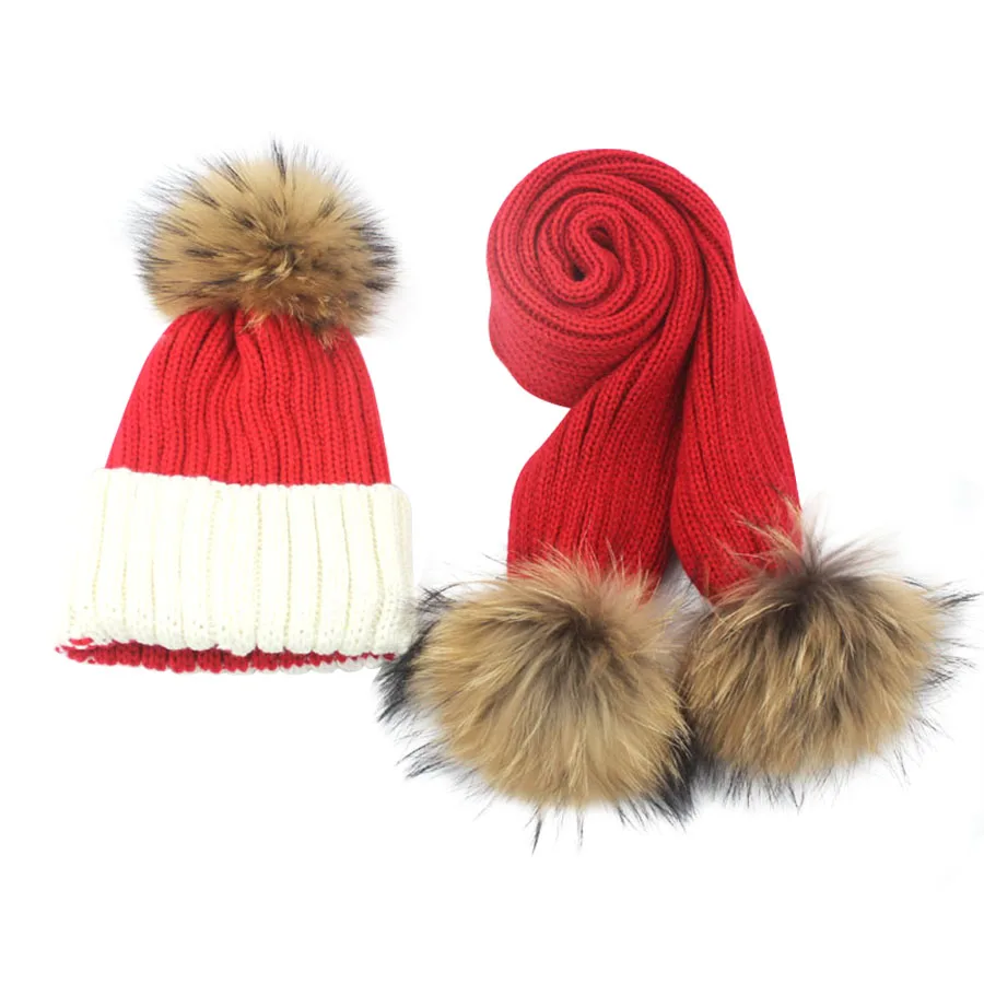 Для детей возрастом от 1 года до 8 лет, зимние теплые толстые вязаные шапки и шарфы, шапка с помпонами из натурального меха, шарф, комплект для детей - Цвет: red 3