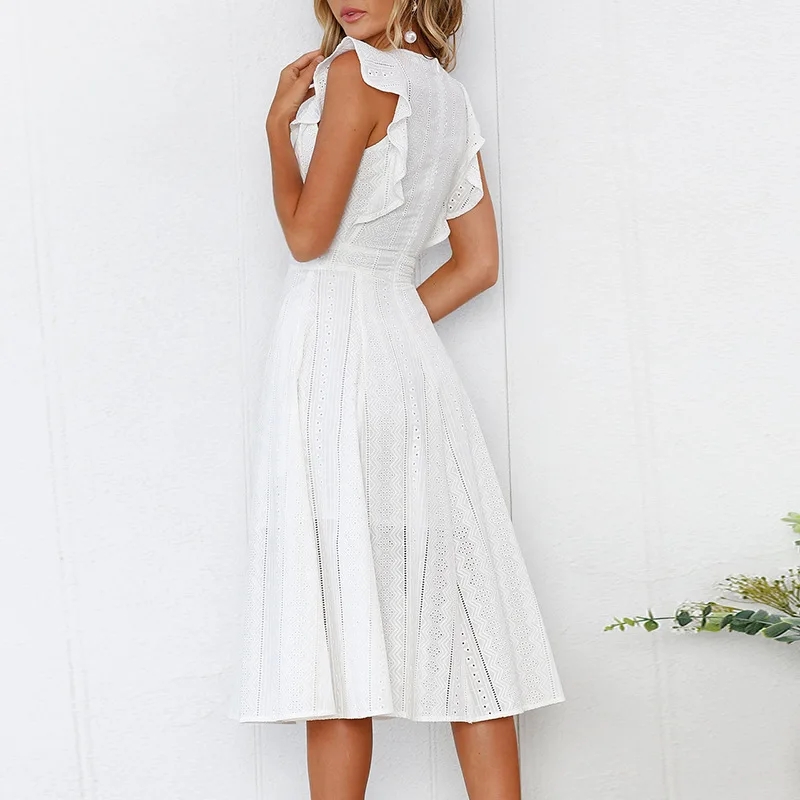 Женское кружевное платье Boho Летний Пляжный сарафан рукава фонарики пэчворк миди