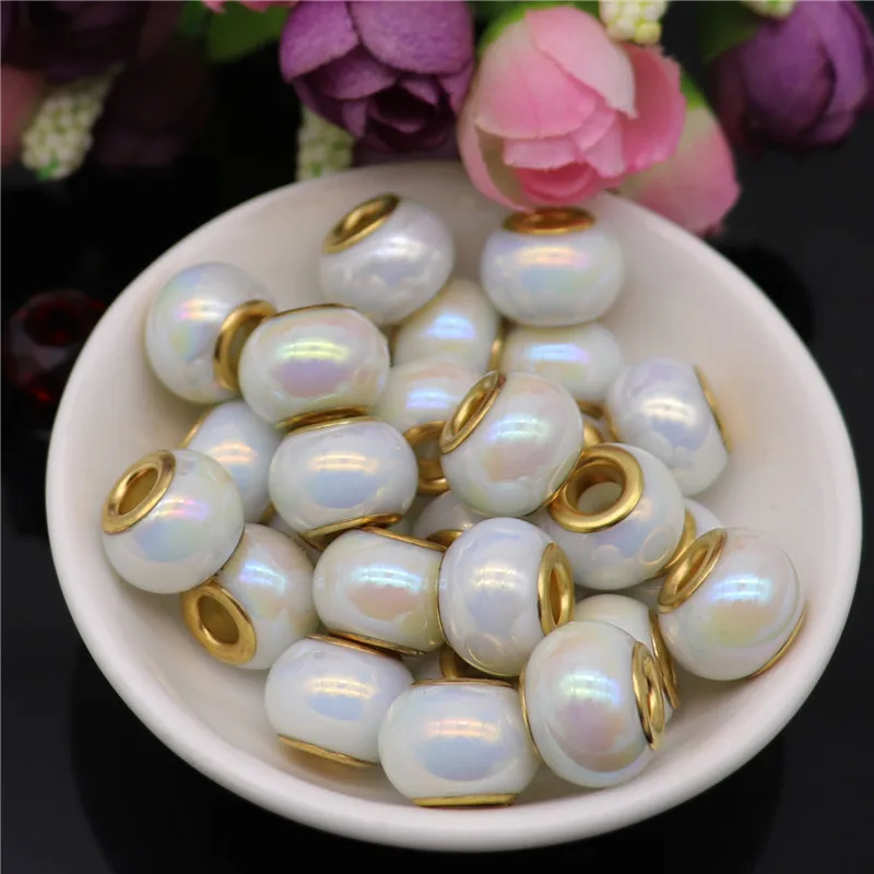 

10Pcs Mix Color Big Hole White Round Gold Crystal Glass Spacer Beads Fit for Pandora Bracelet Necklaces for DIY Jewelry Making
