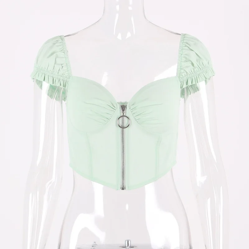  NewAsia Mint Blouse Women Summer Crop Top Sexy V-neck Front Zipper Ruched Off Shoulder Shirt White 
