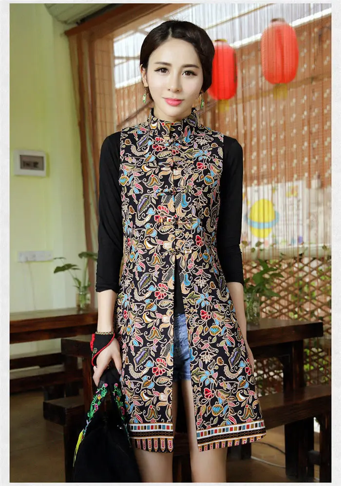 Woman Vest New Arrival Chinese Style Women Sleeveless Jacket Vintage Print Long Slim Ethnic Waistcoat Cotton Linen Tops f1073