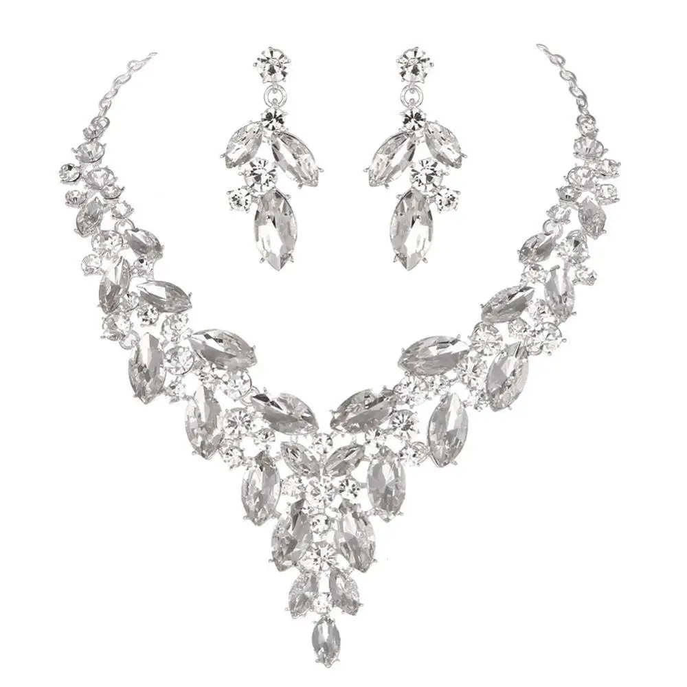 Модный розовый кристалл Дубай ожерелье набор серьги для женщин индийские свадебные украшения для свадебного наряда наборы роскошные подарки ко дню Матери - Окраска металла: silver