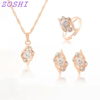 

Colorful Crystal CZ Necklace Earring Ring Jewelry Set Elegant Horse Eye Pendant Necklace Anniversary Gold Color Jewelry Sets
