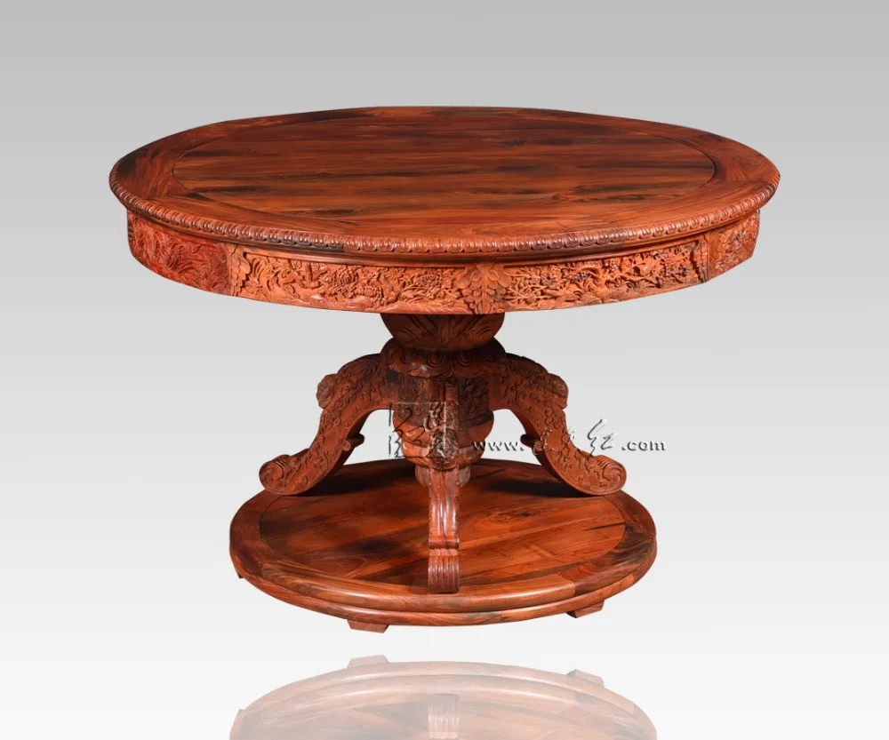 Carved Round Table Rosewood Classic Garden outdoor Desk Solid Wood Living Room Coffee Tea Furniture Annatto flower bird carving