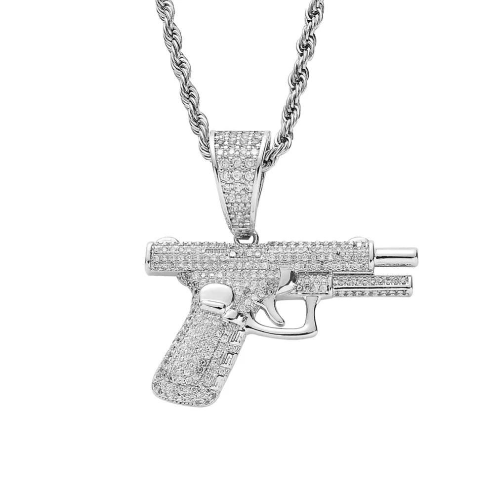 Bling bling пистолет кулон латунь микро проложить с CZ камни ожерелье ювелирные изделия хип хоп CN082
