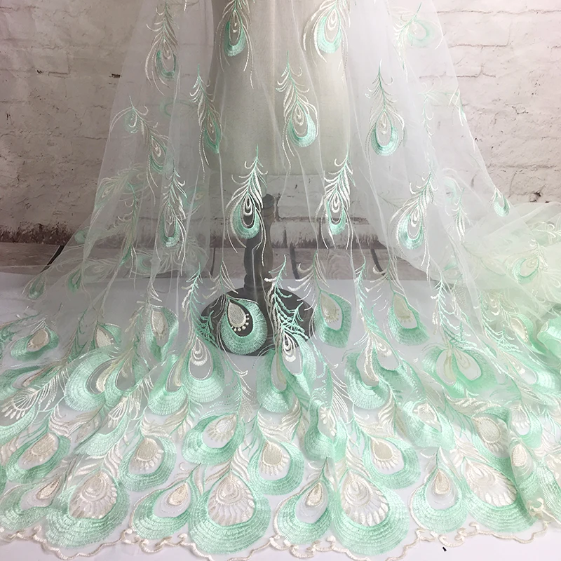

5yards/lot Peacock Embroidery Lace Fabric Skirt Fashion Clothing Nigerian Lace DIY Wedding Dress French Tulle Lace Fabric white