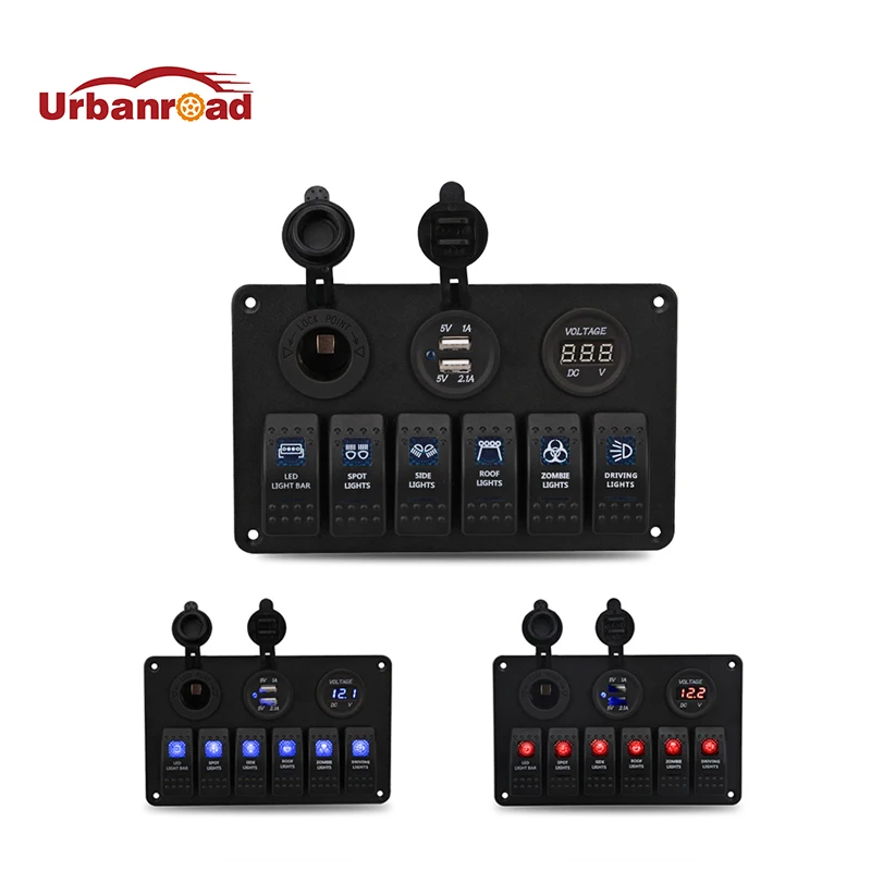 Hot Sale 12V 24V 6 Gang LED Rocker Switch Panel Circuit Breaker Charger Dual USB Socket Cigaretter Plug Volt