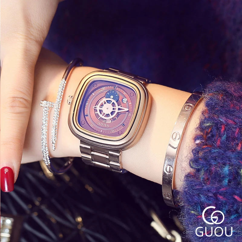 

GUOU Square Women Bracelet Watch Big Face Gold Plated Steel Belt Ladies Wristwatches Date Waterproof Quartz Watches Woman Clock