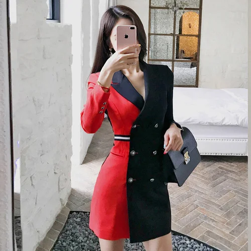 

2018 Korean Fashion Double Breasted Women Dress Slim Patchwork Office Lady Mini Dresses Full Sleeve Sexy Slim Pailetten Dress