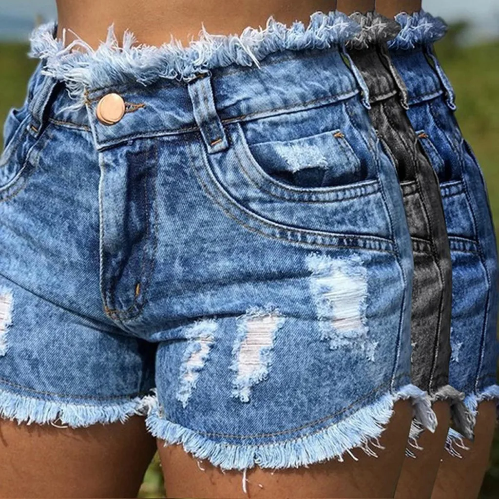 

Women Fashion Pocket Hole Jeans Female High Waist Sexy Shorts Sexy High Waist Tassel Ripped Jeans Summer Large Size