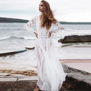 

Swimsuit Cover Up Beach Tunics Summer Dress Pareo For Women Kaftan 2019 White Skirt Lace Embroidery Floral Acetate Sierra Surfer