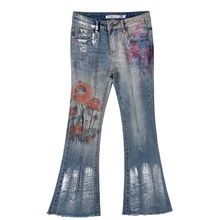 Лето Весна женские модные цветочные узоры цветные горячие штамповки стрейч джинсовые капри брюки, кисточкой женские рваные расклешенные джинсы