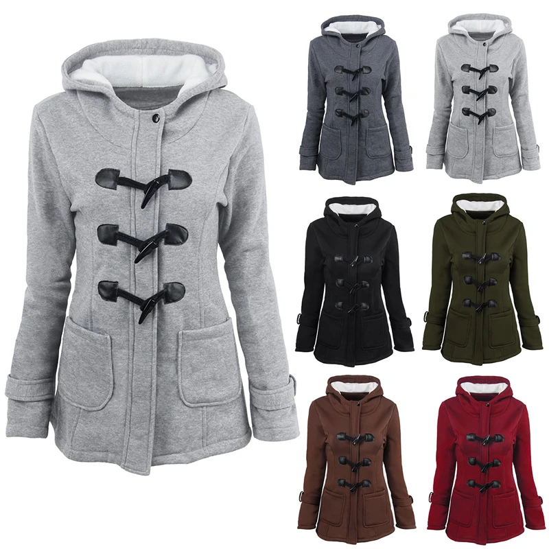 New Women Hooded Ox Horn Button Long Sleeve Coat Outwear Ladies Warm Jacket Tops