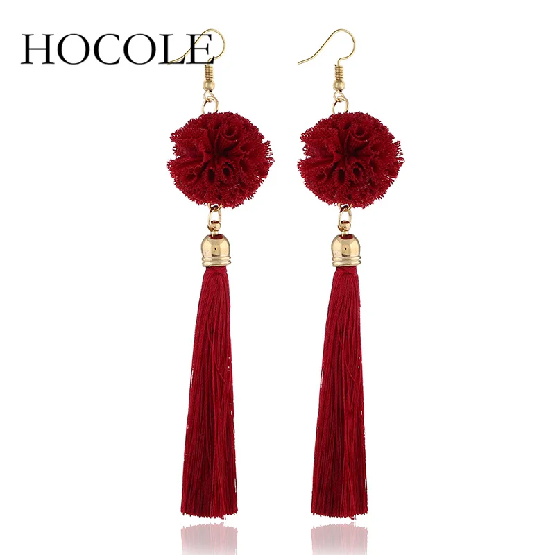 

HOCOLE Bohemian Long Tassel Earrings 2018 New Red Black Fabric Flower Statement Fringed Drop Dangle Earrings For Women Jewelry