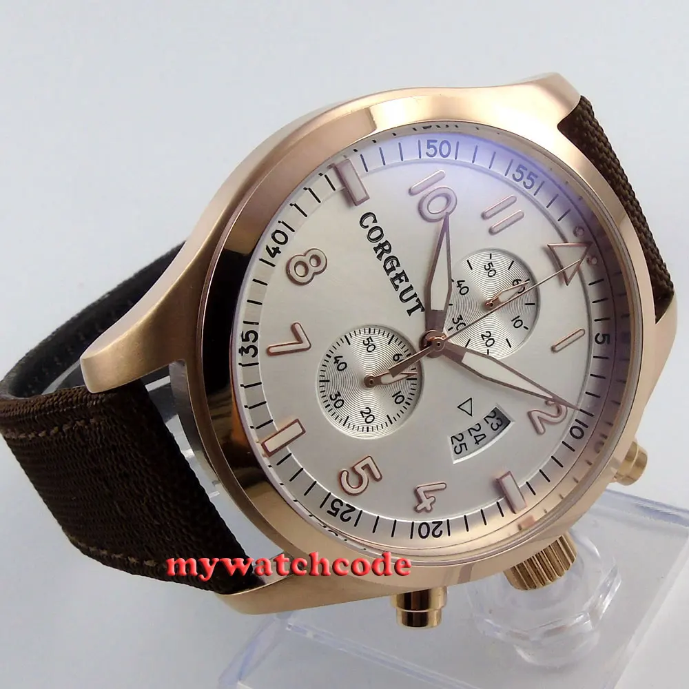 

46mm corgeut white dial tripe day quartz full chronograph mens watch C25