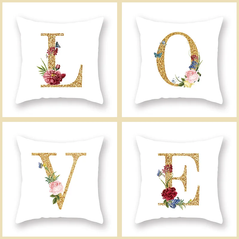 

Hot Selling Pillow cover Pyrotechnic Golden letters Alphabet Luxury Printing Square Zippered Pillow Sham Personalized Pillowcase