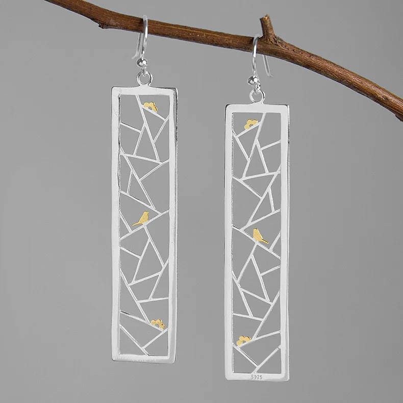 

CMAJOR Designer 925 Sterling Silver Birds Oblong Lattice Window Two Tone Earrings Women Girls Original Fine Jewelry Wholesale