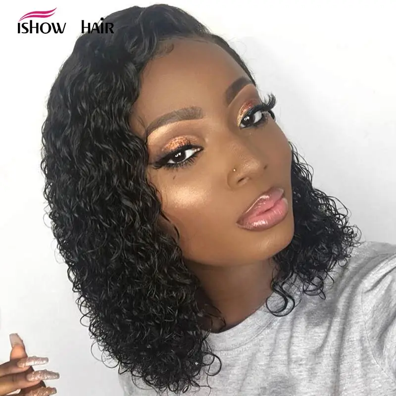 

Short Bob Lace Front Human Hair Wigs 13x4 Brazilian Curly Human Hair Wig For Black Women Full Ishow Remy 150 Density Lace Wig